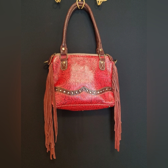 Myra Red Embossed Leather Fringe Purse - Picture 5 of 12